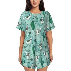 Lama Alpaca Groene Print Dames Zomer Zachte Tweedelige Bijpassende Outfits Korte Mouw Pyjama Lounge Pyjama Sets, Zwart, XL