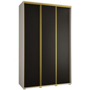 MEBLE KRYSPOL Cannes 1 Moderne Kledingkast met 3 Schuifdeuren met Bar, Planken - Opbergkast voor Slaapkamer, Woonkamer - 205,2x160x45 cm - Wit Zwart goud