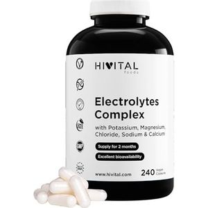 Elektrolyten Complex. 240 veganistische capsules voor 2 maanden behandeling. Met de Mineraalzouten: Kalium, Magnesium, Chloride, Natrium en Calcium. Optimale dosering. Door HIVITAL