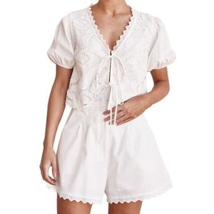 LoprNsdgt Casual Vakantie-Outfits Voor Dames Holle Pofjurken Met Korte Mouwen Tops Korte Taille Set,Wit,L