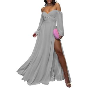 Chiffon bruidsmeisjesjurk voor dames, met splitplooien, baljurken, cocktailjurken, grote maten, Zilver, 32