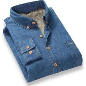 Wjnvfioo Mannen Jeans Fleece Gevoerde Fleece Shirts Winter Warm Denim Jurk Shirt Button Down Mannelijke Dieptepunt Mannen Shirt, Donkerblauw, S