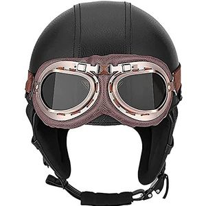 Lederen komhelmen Retro motorfiets halfhelm met vintage bril, zomer open helm bromfiets scooter volwassenen, ECE goedgekeurd voor cruiser scooter motorhelm A,M=55~56CM