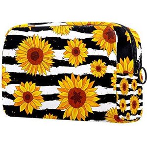 Toilettas Tassen Cosmetische reisorganisator met rits Make-uptas Gele zonnebloemen op zwart-wit gestreept voor dames