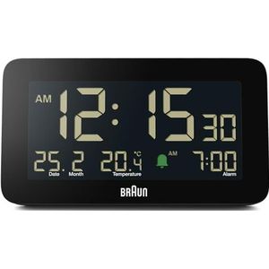 Braun Digitale wekker met weergave van datum, maand en temperatuur, negatief LCD-scherm, Quick Set, Crescendo Beep Alarm in zwart, model BC10B.