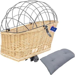 Rieten fietsmand voor honden en katten tot 8 kg 47 x 44 x 24 cm - handgevlochten kofferbakmand met metalen beschermingsrooster, zacht kussen, bruin