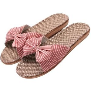 JMORCO Damespantoffels voor dames, slippers, ademend, linnen, slippers, zoete strik, casual, platte slippers, meisjes, antislip, indoor-huisschoenen, damessandalen, Rood, 8 (39-40)