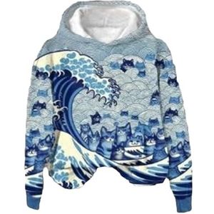 Blauwe golven met kattenprint lange mouwen hoodie heren grappige sweatshirt patriottische shirts for vrouwen(Hoodie,5XL)