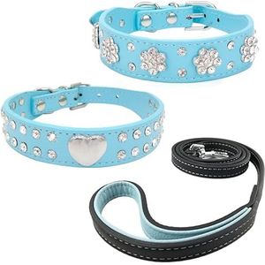 Newtensina 3 stuks hondenhalsband en riem set diamanten bloem hart halsband met riem voor kleine honden, puppy honden, 3 stuks pak (0375) - blauw - XS