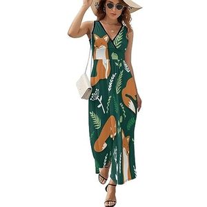 Vossen en bloemen casual maxi-jurk voor vrouwen V-hals zomerjurk mouwloze strandjurk S