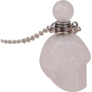 Gemstone Skull Head Perfume Bottle Pendant For Women Hand Carved Crystal Skull Figurine Essential Oil Necklace Gift (Color : Gold_White Quartz)