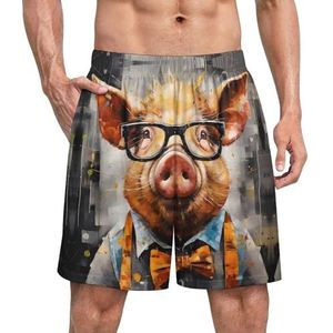 Grappig varken met bril schilderij grappige pyjama shorts voor mannen pyjamabroek heren nachtkleding met zakken zacht