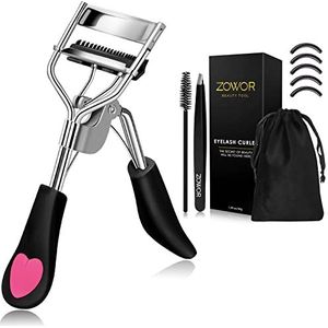 Zowor Wimperkruller met kam geschikt voor alle oogvorm gebogen wimperkrulspelden, natuurlijke en langdurige wimperkruller voor vrouwen make-up cadeau (zwart)