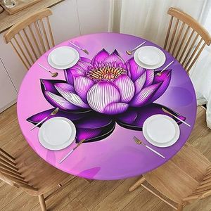 Rond tafelkleed met paars lotuspatroon, waterdicht en afveegbaar met elastische randen, geschikt voor het decoreren van ronde tafels.