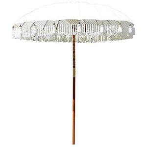 Cepewa Bali Parasol, 180 cm, mangohout, katoen, bruin, wit, zonwering, franjes, tuinscherm, decoratief scherm, wit, 180 cm x H 180 cm