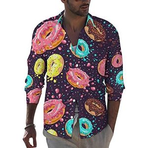 Donuts Overhemd met lange mouwen voor heren, met knoopsluiting, casual strandtop, met zak, normale pasvorm