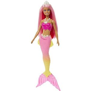 Barbie Dreamtopia Zeemeerminpop (roze haar) met roze en gele ombré zeemeerminnenstaart en tiara, speelgoed voor kinderen van 3 jaar en ouder, HGR11
