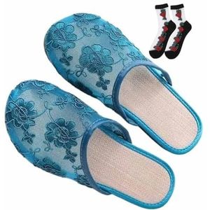 Chinese mesh pantoffels for dames, bloemen, ademend mesh, Chinese sandaalpantoffels met sokken(Color:Blue,Size:36 EU)