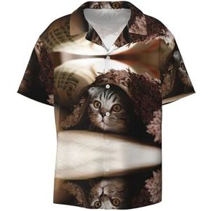 EdWal Kat Onder Deken Print Heren Korte Mouw Button Down Shirts Casual Losse Fit Zomer Strand Shirts Heren Jurk Shirts, Zwart, XXL