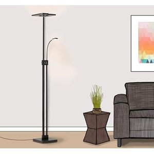 Plafondlamp - vloerlamp LED dimbaar, met leeslamp - 230cm - in hoogte verstelbaar - warm wit licht - metaal/kunststof, zwart