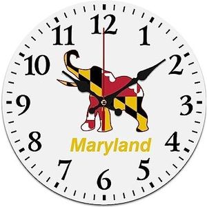 Maryland Olifant Vlag Wandklok, Stil, niet-tikkend, werkt op batterijen, gemakkelijk af te lezen klok voor thuiskantoor, woonkamerdecoratie