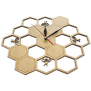 CUHAWUDBA Snijd Houten Klok Honing Bee op Honing Zeshoek Natuur Horloge Wandklok Geometrische Keuken Art Decor