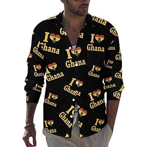 I Love Ghana herenoverhemd met lange mouwen met knopen, casual strandtops met zak, normale pasvorm