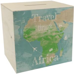 Spaarpot van hout met Afrika kaart en spreuk - travel Through Afrika als cadeau voor vakantiegangers die door Afrika reizen willen en geld nodig hebben voor de vlucht en de accommodatie
