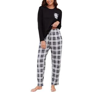 Reliwel Damespyjama's met lange mouwen en geruite pyjamabroek, tweedelige set, zachte nachtkleding voor dames, loungewear, pyjamaset, S-XXL