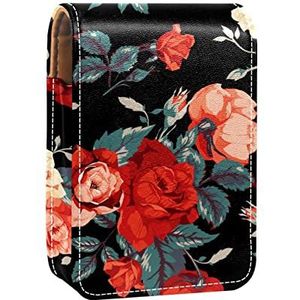 Gepersonaliseerde Lipstick Case Draagbare Make-up Tas Cosmetische Pouch Lippenstift Houder Make-up Organizer Zwarte Achtergrond Rode Bloem, Meerkleurig, 9.5x2x7 cm/3.7x0.8x2.7 in