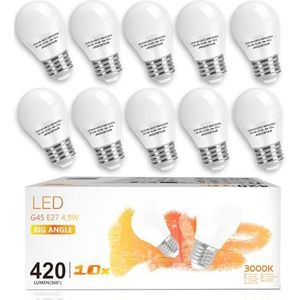 Aigostar 10 x E27 G45 Ledlampen, 5W Schroeflamp, Warm Wit 3000K, 420lm, AC 220-240V, Geschikt Voor Binnenverlichting Zoals Kroonluchters, Hanglampen, Wandlamp, Bureaulamp, Niet Dimbaar, Set van 10