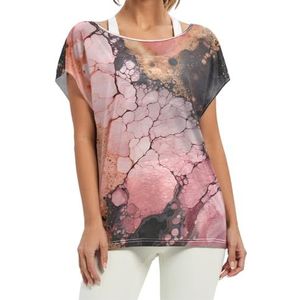 Aquarel Roze Marmer Kunstwerk Vrouwen Korte Batwing Mouw Shirt Ronde Hals T-shirts Losse Tops voor Meisjes, Patroon, S