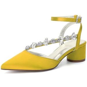 Womens Mid Block Heel Trouwschoenen voor Bruid Satijnen Enkelbandje Puntige Neus Jurk Avondfeest Slingback Hof Schoenen,Geel,36 EU