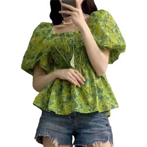 Vrouwen Vintage Elegante Bloemen Vierkante Kraag Shirt Vrouwelijke Kleding Zomer Mode Blouses, Geel En8, XS
