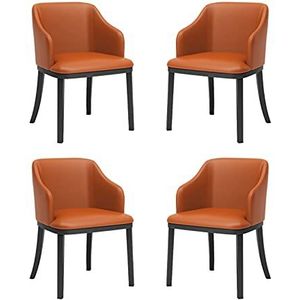 GEIRONV Eetkamerstoelen Set van 4, Moderne Lederen Zachte Zitting Hoge Back Gewatteerde Woonkamer Fauteuil Black Metal Benen Lounge Side Chair Eetstoelen (Color : Orange)