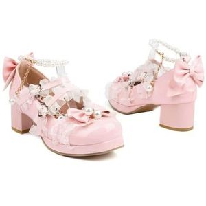 Vrouwen Hoge Hakken Mary Jane Pumps Cross Strap Bruiloft Thee Party Wit Roze Zwart Ruches Boog Maid Prinses Cosplay Lolita Schoenen, Lakleer Roze, 40.5 EU