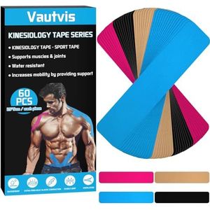 Vautvis 60 Kinesiotape, Sport Kinesiologie Tape, Kinesiotape met Schaar, Waterdichte Bandage Tape voor Gewonde Spieren Herstel en Gewrichts Ondersteuning (25CM * 5CM)