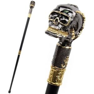 35.42 In Zwart Gouden Schedel Hoofd Steampunk Wandelstok, Wandelstok Mode Herenkruisstok Knopstok