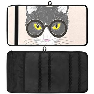 Potlood Wrap, Reizen Tekening Kleurpotlood Roll Organizer voor Artiest, Potloden Pouch Case Hand Getrokken Kat met Zwarte Bril - 01