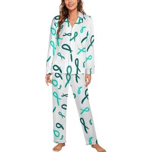 Teal Lint Geschilderd Eierstokkanker Lange Mouw Pyjama Sets Voor Vrouwen Klassieke Nachtkleding Nachtkleding Zachte Pjs Lounge Sets