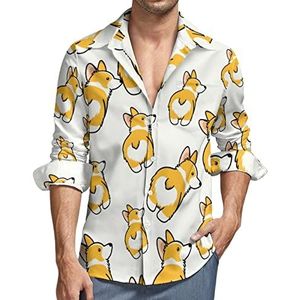 Fat Corgi Butt button-down overhemd voor heren, lange mouwen, V-hals, casual, regular fit