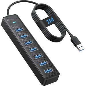 PHIXERO 7-poorts USB-hub, 100 cm lange kabel, USB 3.0 hub, USB-verdeler-adapter, Super Speed 5 Gbps gegevenshub, compatibel met alle USB-poort-apparaten