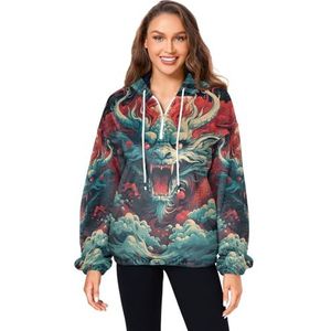KAAVIYO Angry Dragon Chinese stijl pluizige jas pullover hoodie capuchon zakken fuzzy fleece sweatshirt ronde hals truien hoodies voor meisjes vrouwen, Patroon, XL