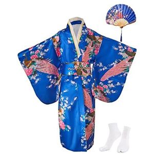KRUIHAN Yukata Kimono, vintage vintage meisjeskimono, traditionele kleding, zijden stof, robe, bruiloftskleding, party, performance jurk, koningsblauw, 150