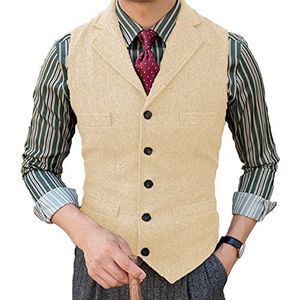BYLUNTA Klassiek tweed vest voor heren, werkkleding Herringbone bruidegom, vintage, bruiloft, wol, XS-3XL, champagne, L
