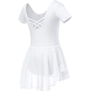 Soudittur Ballet kostuum met korte mouwen, klassieke dans, gymnastiek, ballet, leotard, met chiffon, rok voor meisjes en meisjes, Wit, 130 cm