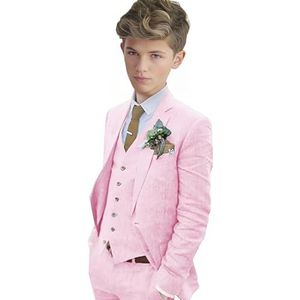 Leader of the Beauty Jongens 3-delige linnen pakken Slim Fit trouwpak Single Breasted Peak Label Bruidegom Smoking, roze, 10 jaar