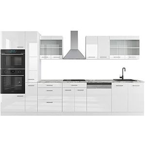 Vicco Kitchenette R-Line, wit hoogglans/wit, 350 cm met hoge kast, AP eiken