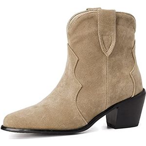 Onewus Vintage Western Boots voor dames, korte laarzen met dikke hak en puntige kant, abrikoos, 37 EU
