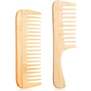 Xiuyong 2 stuks bamboe kam met brede tanden, natuurlijke bamboe kamset, kleine haarborstel, Big Hair Shun haarkam, antistatisch houten krullend haar met grote houten kam